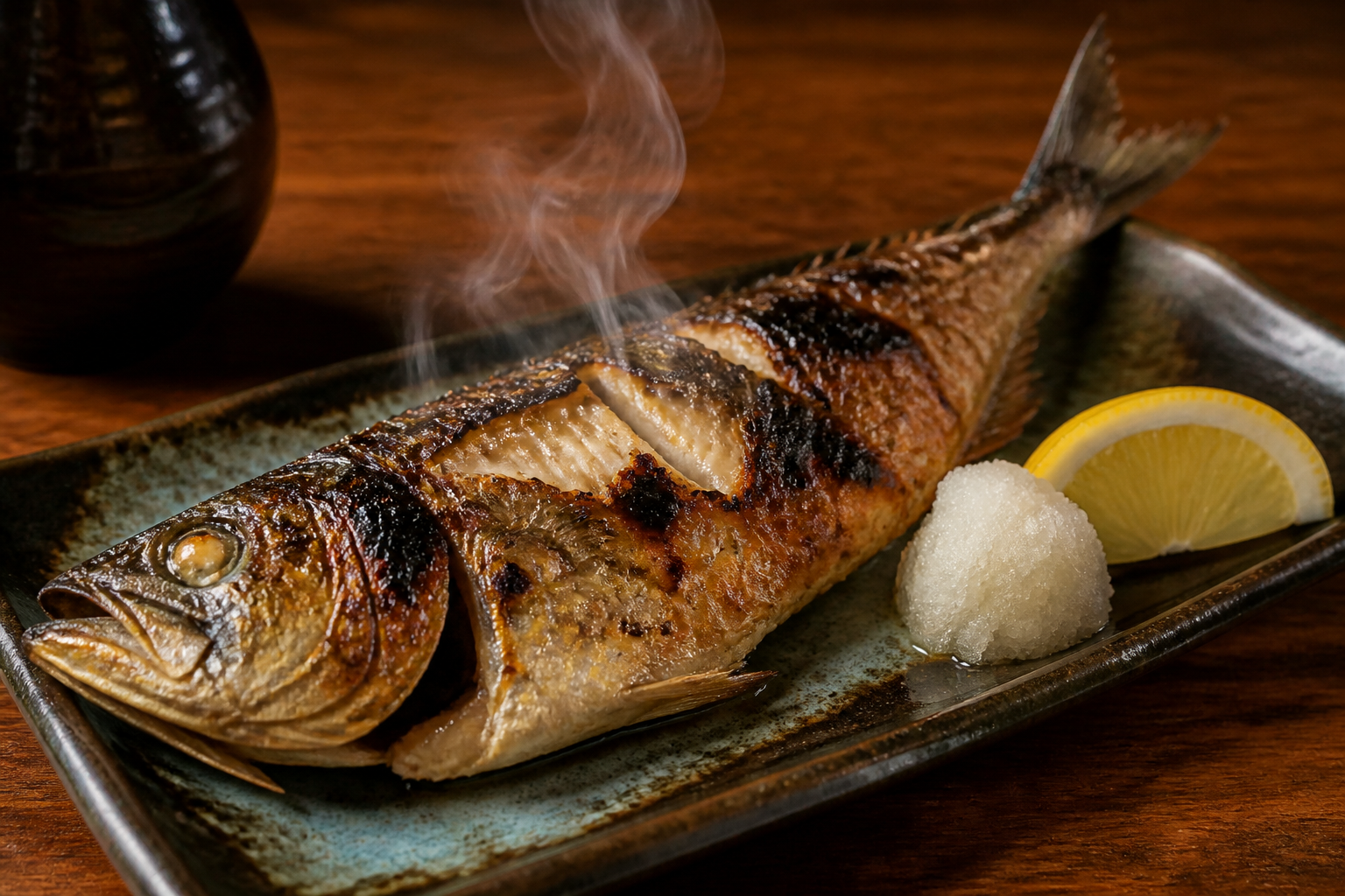 炭火焼きの魚料理の写真